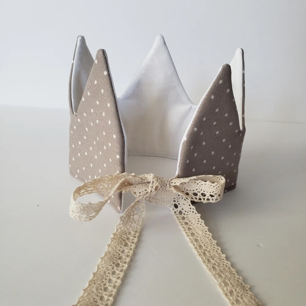 NEW Handmade Cotton Gray Polka Dot Fabric Baby Birthday Crown